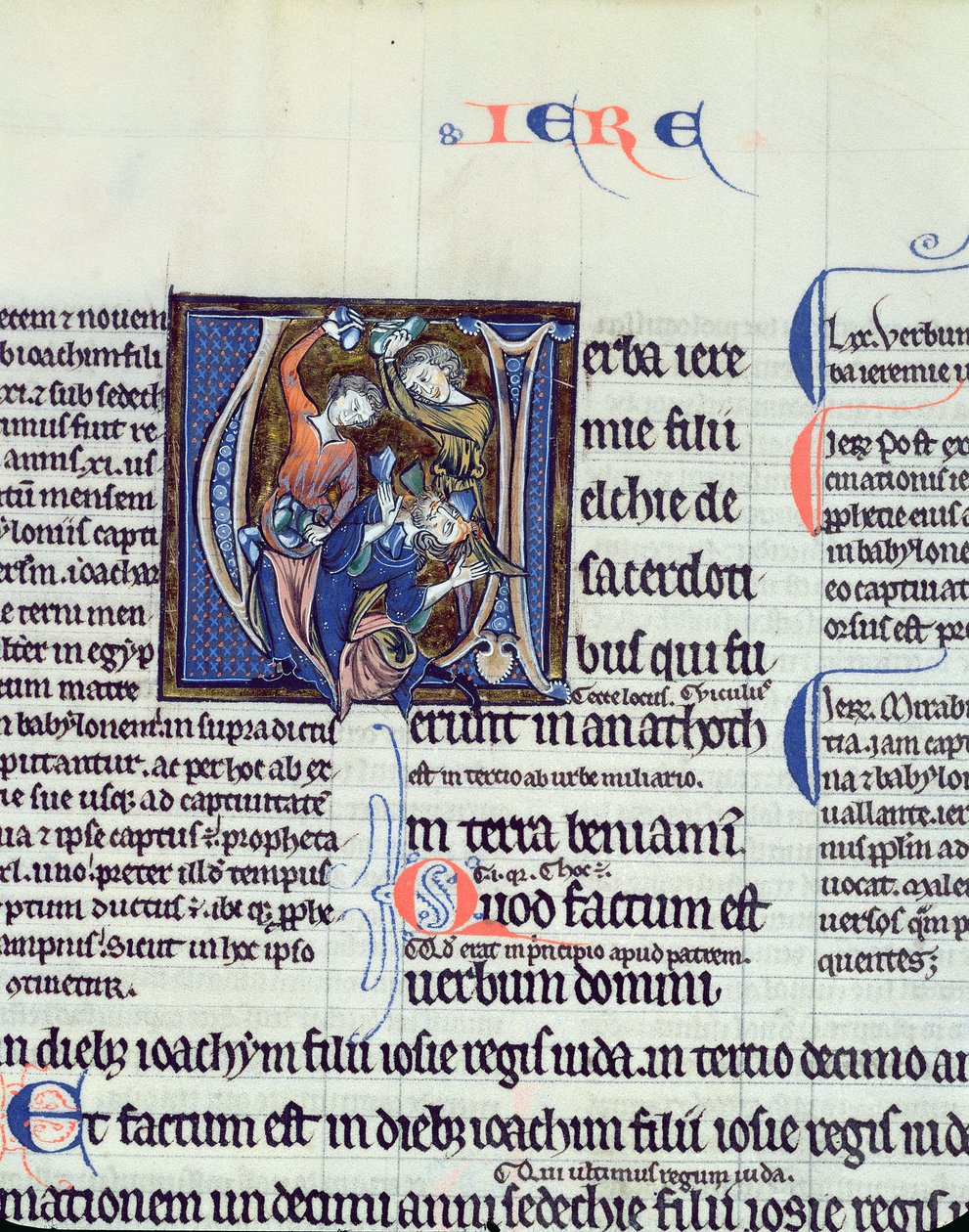 Ms 48 fol.95v Historikert initial V, der skildrer steningen af profeten Jeremias af French School