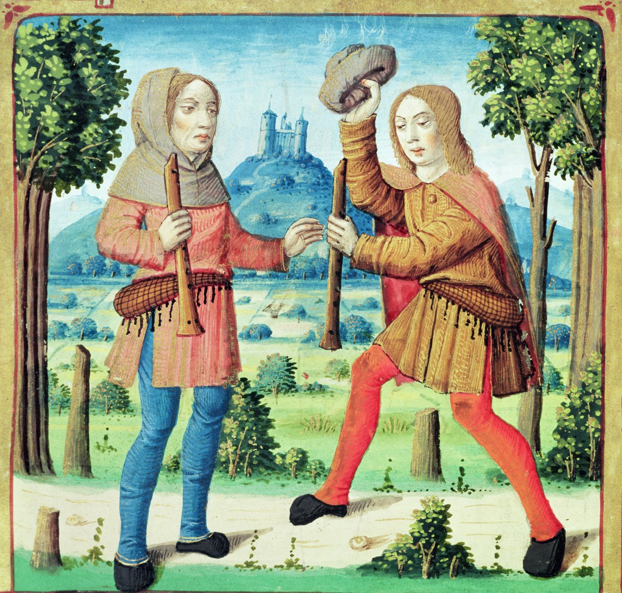 Ms 493 f.10v Hyrderne Dametas og Menalcas udfordrer hinanden til en musikalsk konkurrence, fra The Eclogues af Virgil med en kommentar af Servius, 1469 af French School