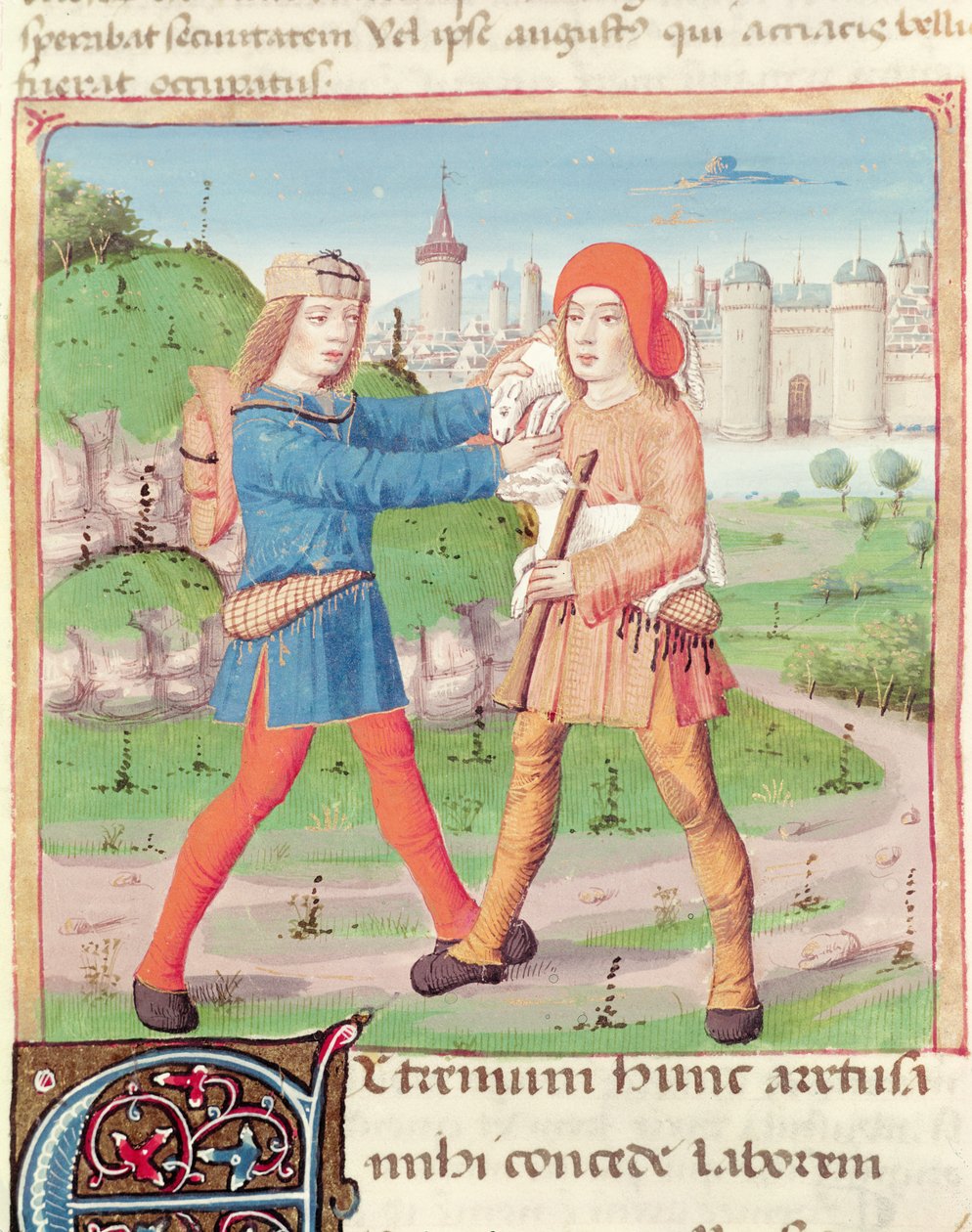 Ms 493 f.17 En udveksling af gaver, fra The Eclogues af Virgil (70-19BC) med en kommentar af Servius, 1469 af French School