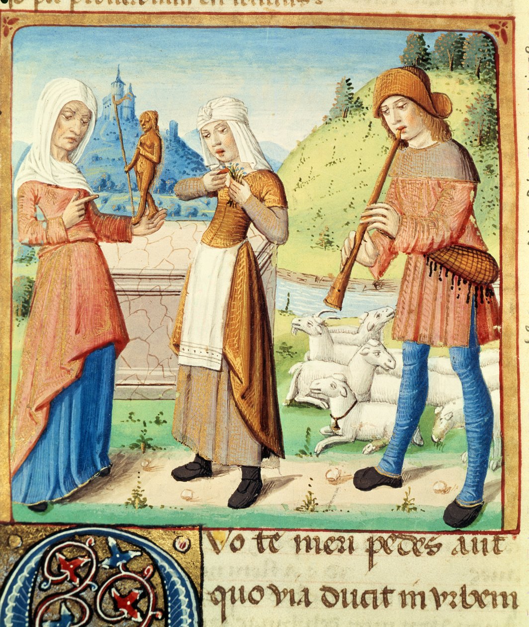 Ms 493 fol.15v Hyrden Menalcas og hans ulykkelige kærlighed, fra The Eclogues af Virgil med en kommentar af Servius, 1469 af French School