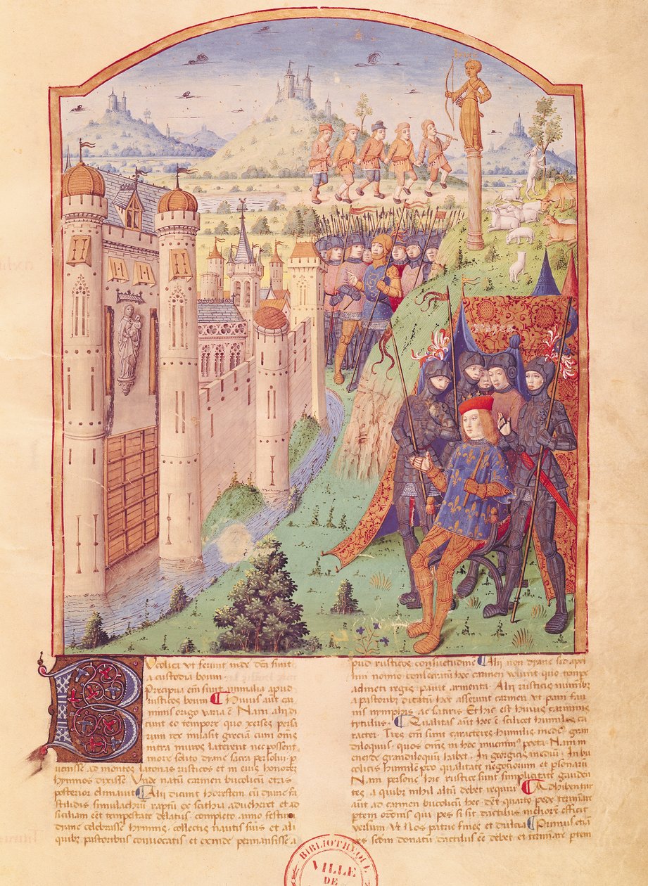 Ms 493 fol.1r The Works of Virgil med kommentar af Servius, The Bucolics, Konge sidder på sin trone omgivet af sine vagter foran en befæstet by, Frankrig, 1469 af French School