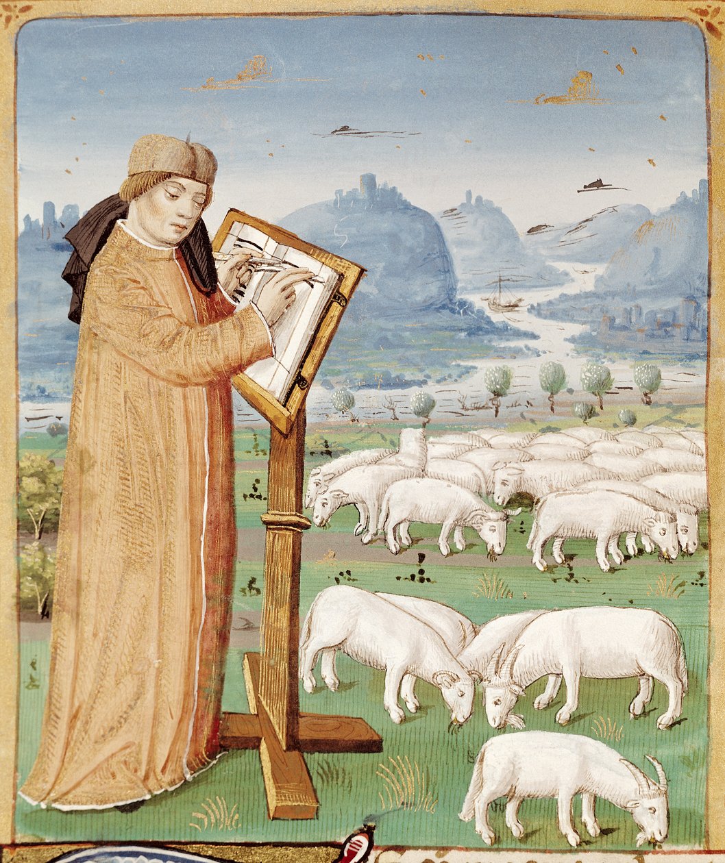 Ms 493 fol.37v Virgil skriver på en mark med får og geder, fra The Georgics af Virgil (70-19 f.Kr.) med kommentarer af Servius, 1469 af French School
