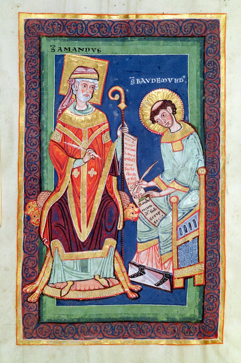 Ms 501 Fol.58 St. Amand returnerer en rulle til St. Baudemond, fra St. Amands liv og mirakler af St. Baudemond (ca. 1150-c.1199) af French School