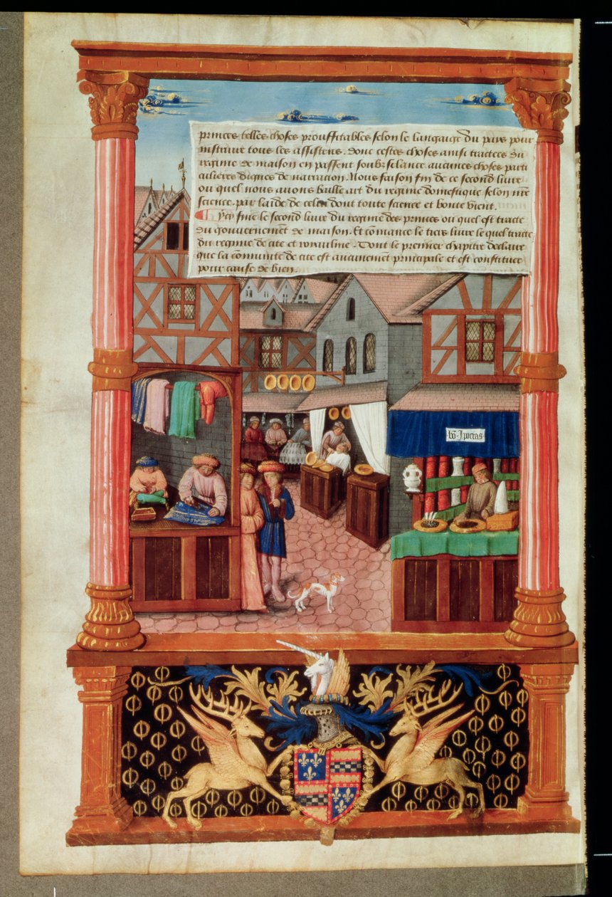 Ms 5062 fol.149v En gade med butikker og våbenskjoldet af Robert Stuart, Marshall of dAubigny Lucrece, fra Livre de Gouvernement des Princes af Gilles de Rome af French School