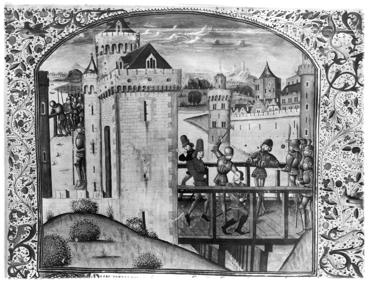 Ms 5084 Mordet på Johannes den frygtløse (1371-1419) hertug af Bourgogne på Montereau-broen, 10. september 1419, fra Chroniques dEnguerrand de Monstrelet af French School