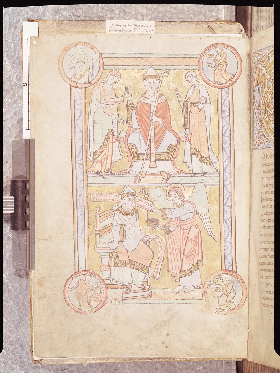 Ms 512 fol.4v St. Gregory den Store (ca. 540-604) mellem hans far, Gordien, og hans mor, Silvia og en druknet mand som en engel, fra Liber Pastoralis af French School
