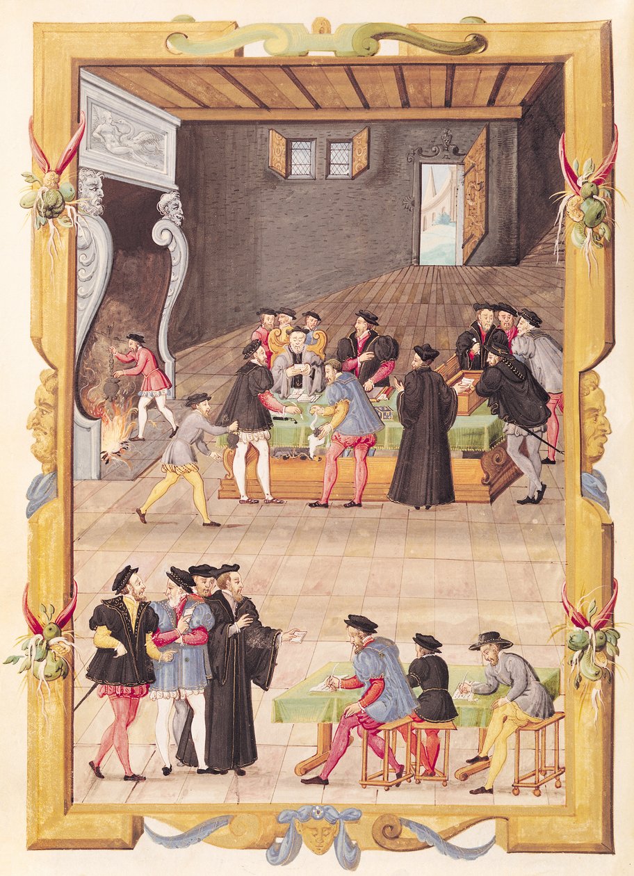 Ms 5169 f.2v Notarerne og Kongens Sekretærer i Salen af Notarkollegiet og Kongens Sekretærer af French School