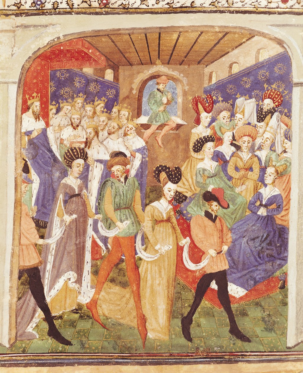 Ms 527 fol.1r Court Ball, fra Roman du Saint Graal af French School