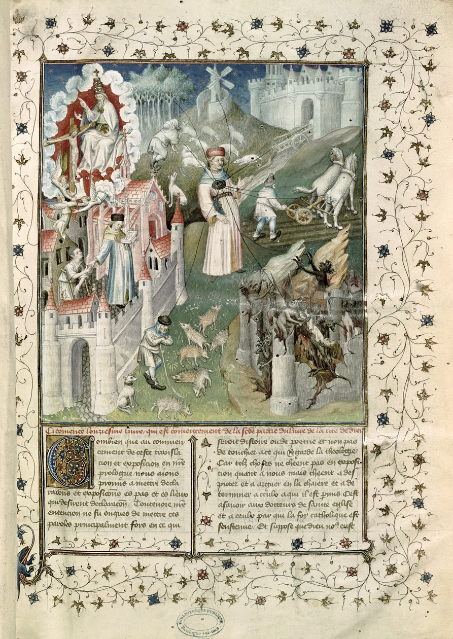Ms 55 t.2 fol.3 Guds by, byen Caen og lasternes by, fra La Cite de Dieu af St. Augustin af Hippo (354-430) oversat af Raoul de Preles (1316-82) af French School