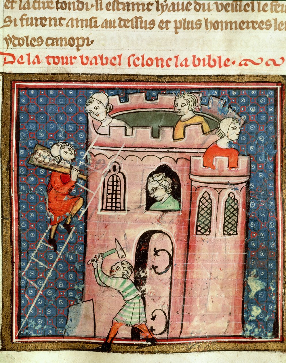 Ms 59 fol.17r Konstruktionen af Babelstårnet, fra Bible Historiale af Guiart des Moulins af French School