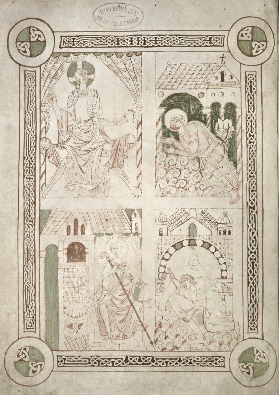 Ms 616 f.1v St. Augustin ved Kristi fødder og den skriftlærde Alardus tilbyder sin bog til St. Vaast, frontispice til Bekendelser af St. Augustin af French School