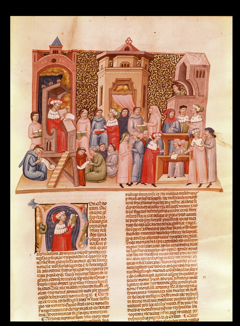 Ms 620 fol.173 En lektion på universitetet og en historisk initial N, der forestiller en mester, fra Novela Super Sexto af Jean Andre af French School