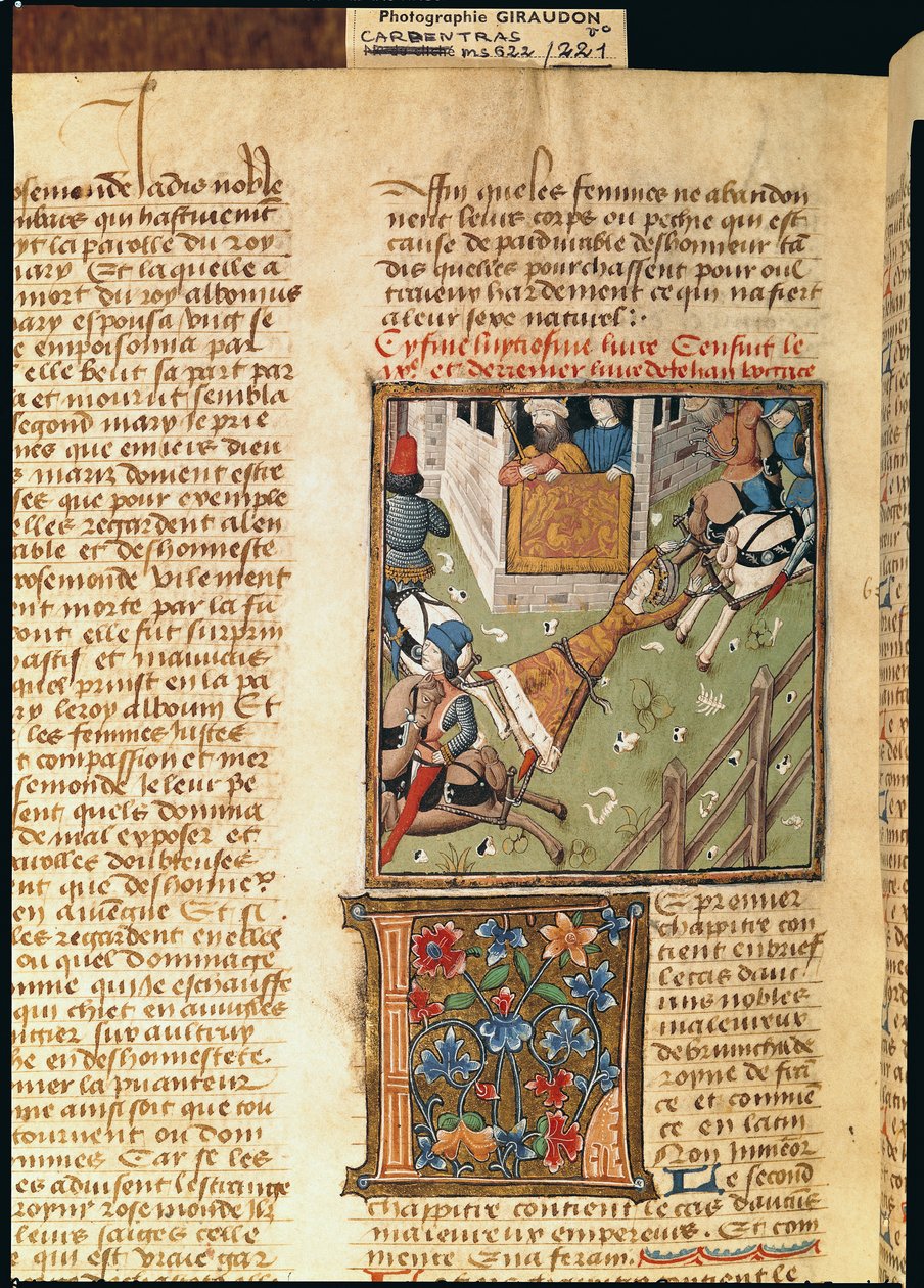 Ms 622 fol.221v Torturen af Brunhilda fra Des Hommes Illustres, c.1460 af French School