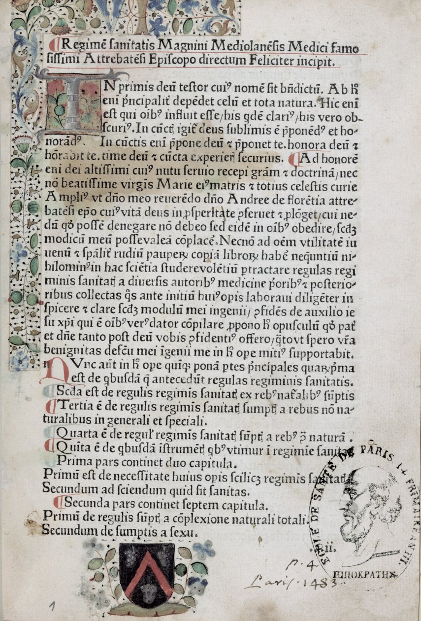 Ms 6310 Første side fra Regimen Sanitatis, 1483 af French School