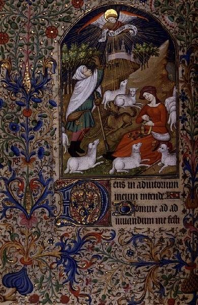 Ms 63 f.60v Angel viser sig for en hyrde, en kvinde sidder og laver en guirlande, fra en Timebog, ca. 1460 (vellum) af French School
