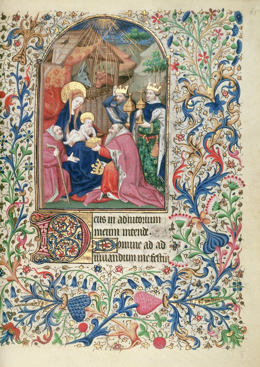 Ms 63 f.65r Adoration of the Magi, from a Book of Hours, c.1460 af French School
