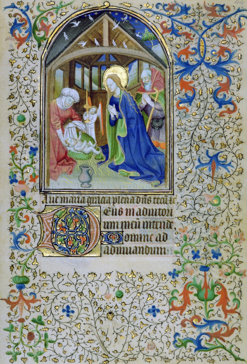 Ms 66 f.44r Jomfruen og Josef tilbeder den nyfødte Kristus, fra en timebog, Amiens af French School