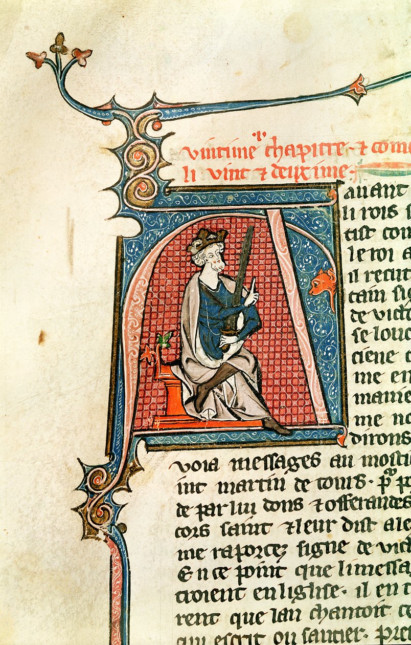 Ms 682 fol.17v Historikert initial A, der viser en siddende konge, der holder et tveægget sværd af French School