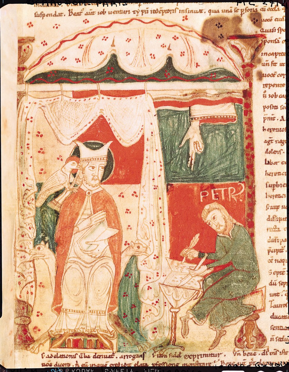 Ms 70 f.57 Pave Gregor I den Store (ca. 540-604) dikterer Jobs Bog til sin skriver Peter, fra Moralia i Job af Pave Gregor den Store af French School