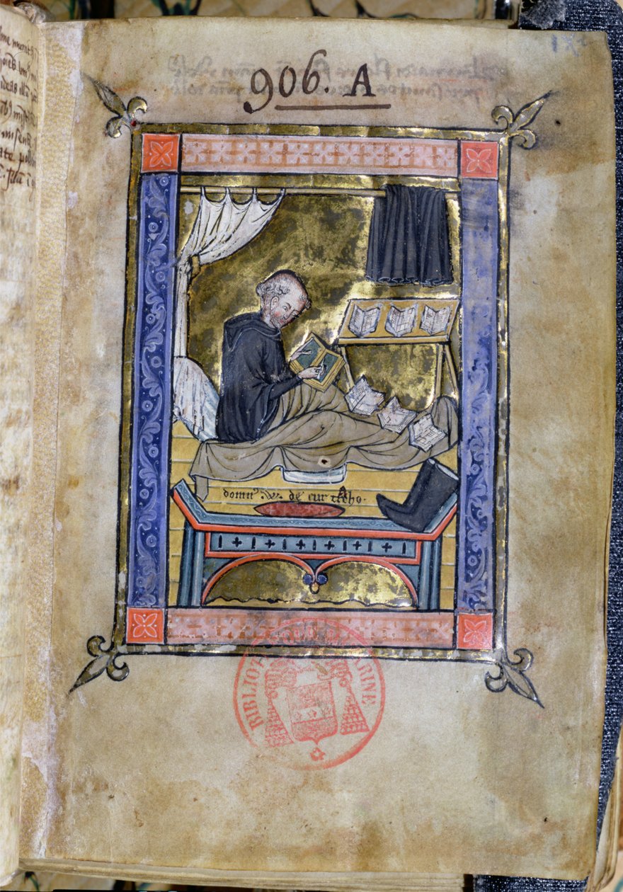 Ms 753 Fol.9 Munk skriver i sin seng, fra Flores Bernardi af Guillaume de Tournai af French School