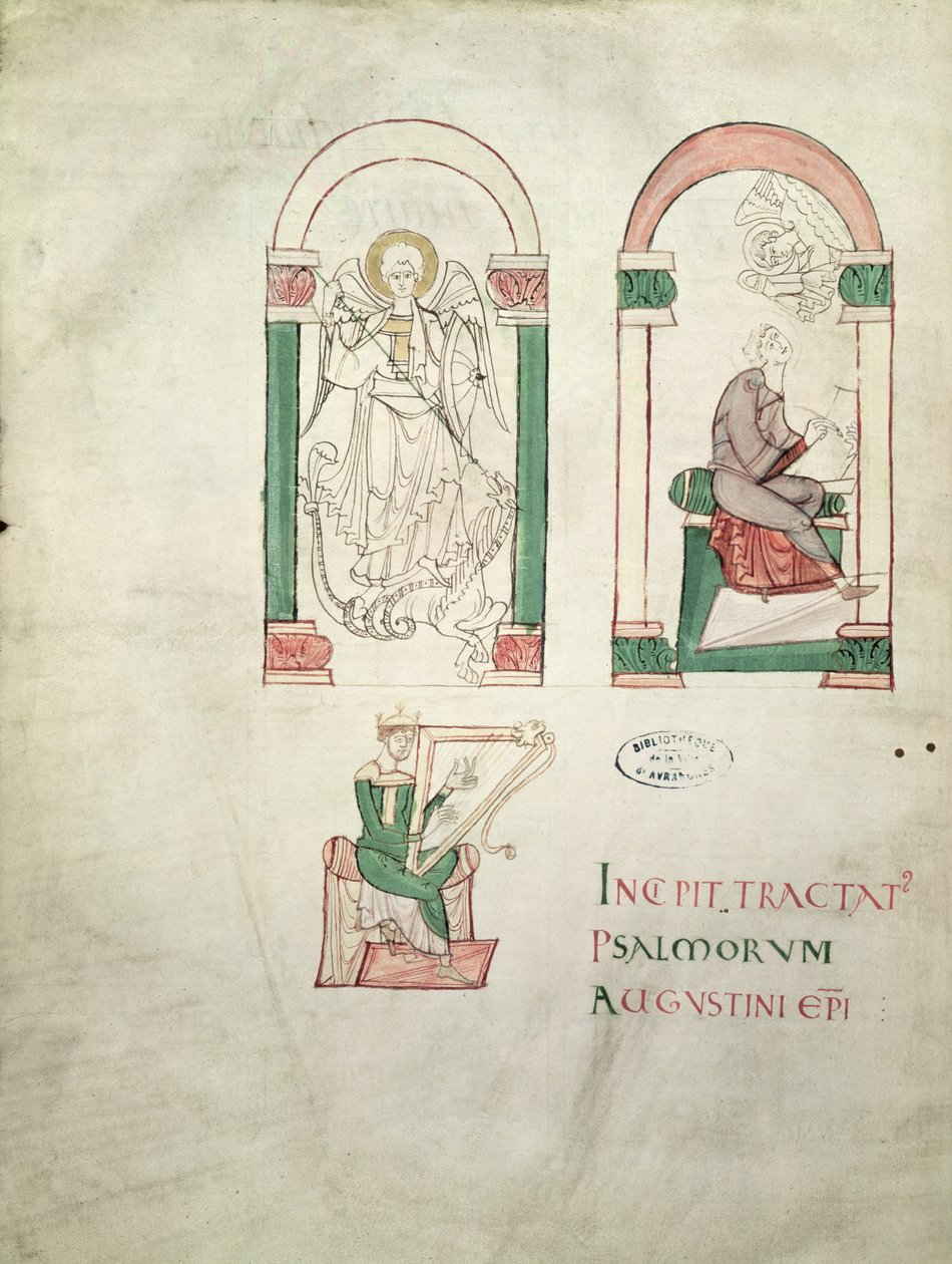Ms 76 St. Michael, St. Augustine Writing og St. David Playing the Harp, frontispice fra Saint Augustin Super Psalmos af French School