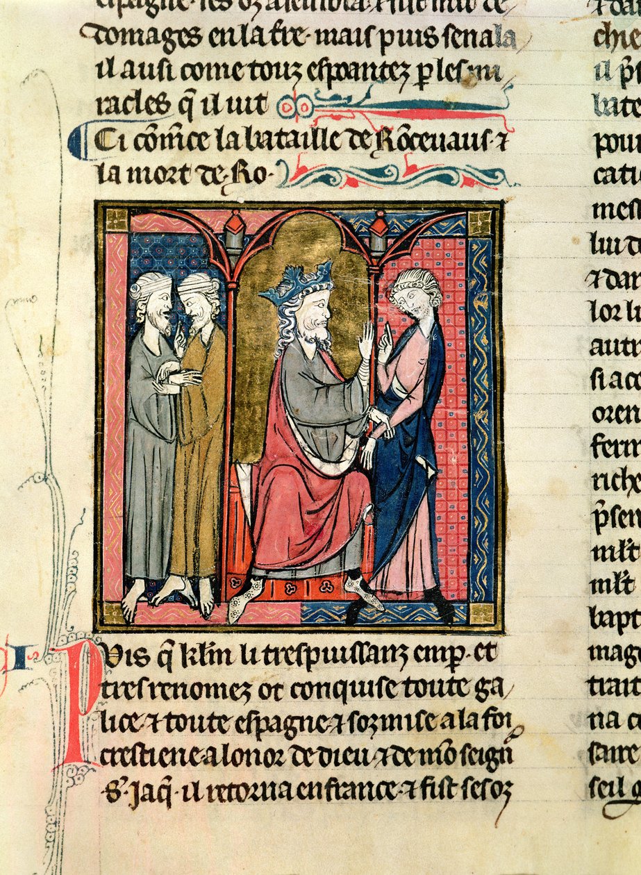 Ms 782 f.152r Charlemagne (742-814) sender Ganelon til Saragossan Kings, Marsile og Baligant, fra Chroniques de Saint-Denis, ca. 1275 af French School
