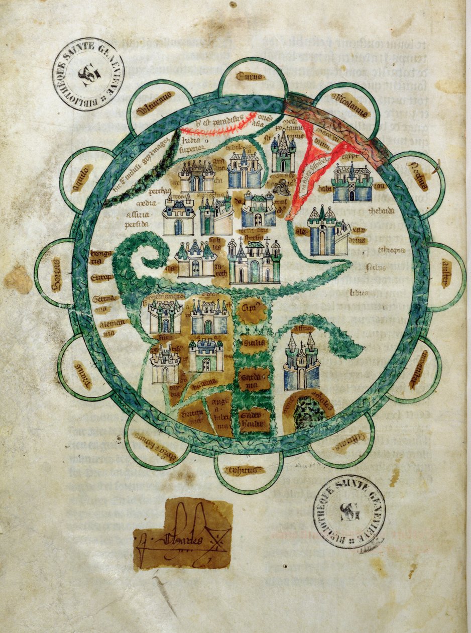 Ms 782 fol.16v. Kort over verden i form af en globus, miniature fra Grandes Chroniques de Philippe le Hardi af French School