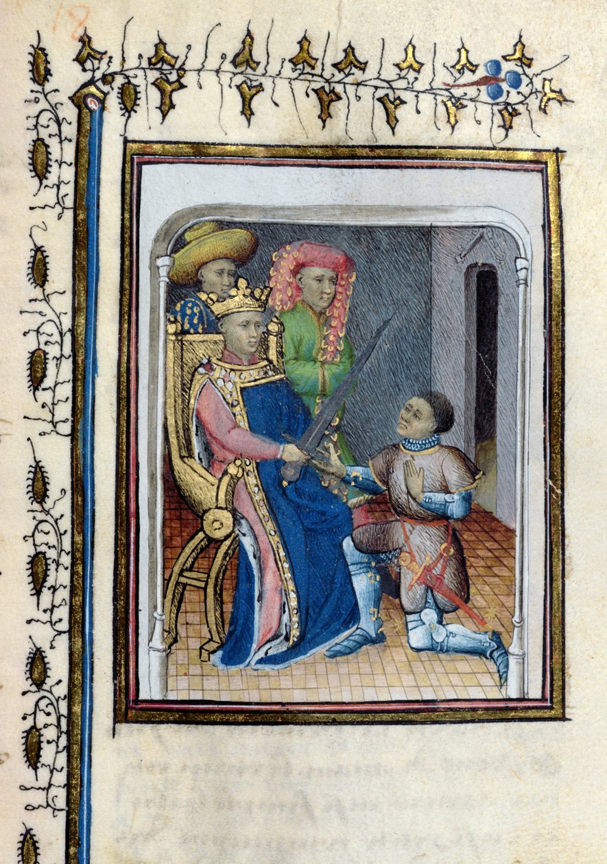 Fru 814 Charles V (1338-80) returnerer den høje konstabels sværd til Bertrand du Guesclin (ca. 1320-80) fra Histoire de Du Guesclin efter digtet af Cuvelier, begyndelsen af det 15. århundrede af French School