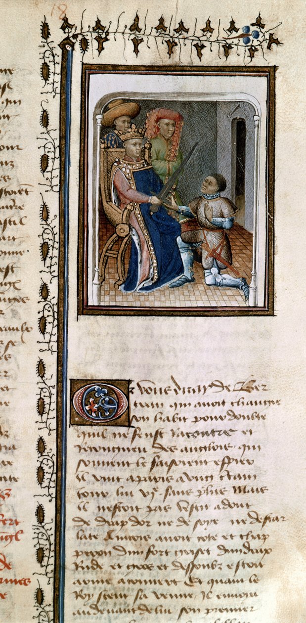 Ms 814 f.125r Bertrand du Guesclin (1320-80) slået til ridder af kongen, fra Histoire de Du Guesclin af French School