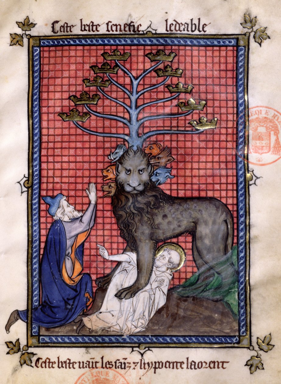 Ms 870 Fol.8 Apokalypsens syvhovede dyr, æret af en hykler og knuser en hellig, fra La Somme le Roy af Frere Laurent, belyst af Maitre Honore af French School