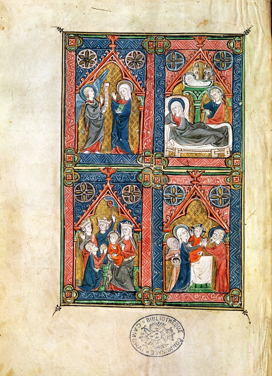 Ms 87 fol.16 Bebudelsen, Fødselen, tilbedelsen af Magi og Renselsen, fra Mahaut dArtois