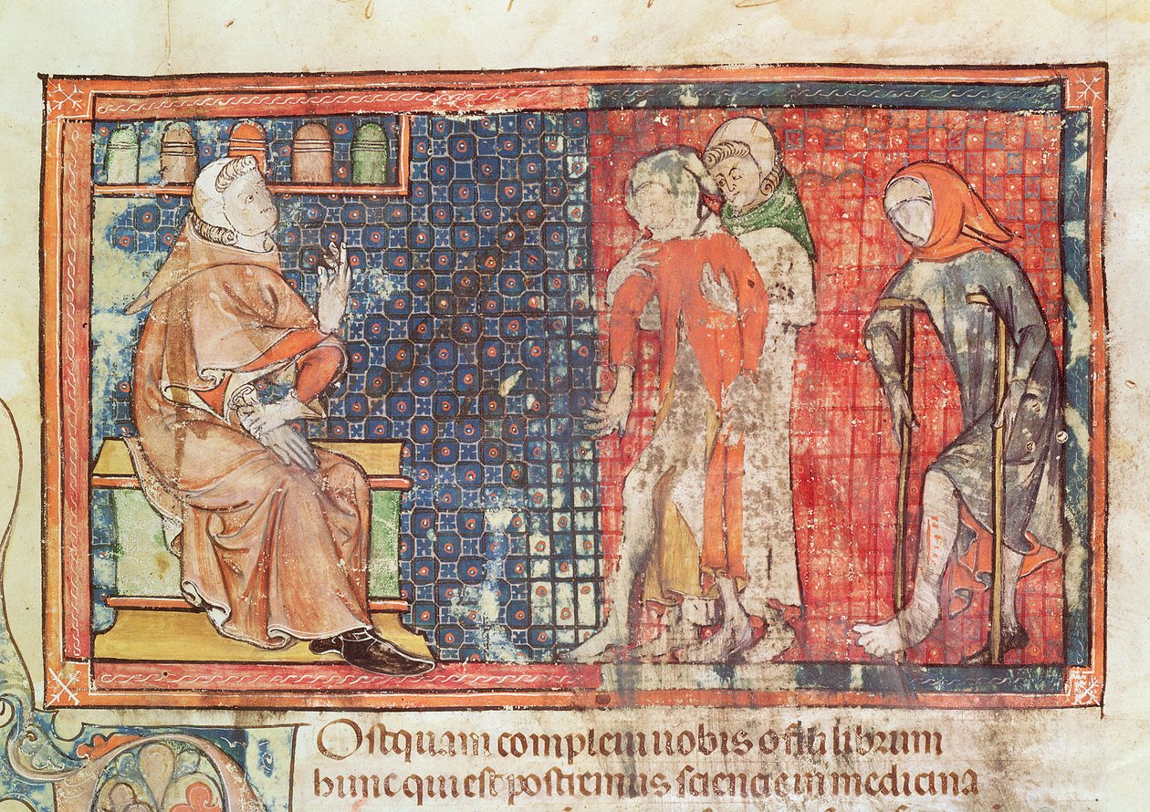 Ms 89 Ter fol.95 En syg mand og en krøbling mand præsenteret for en læge, fra en afhandling af Abul Qasim Kalaf ibn al-Abbas al Zahrawi (Albucasis) af French School