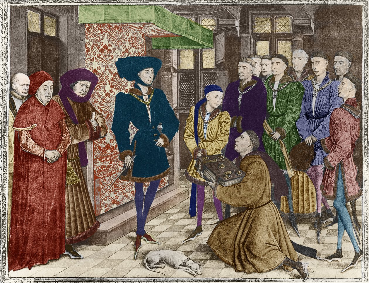 Ms 9242 Hainaut Chronicles, Philip the Good, Duke of Bourgogne, præsenteret med oversættelsen af Chronicles af Jean Vauquelin, Charles the Fed som barn til venstre (senere farvelægning) af French School