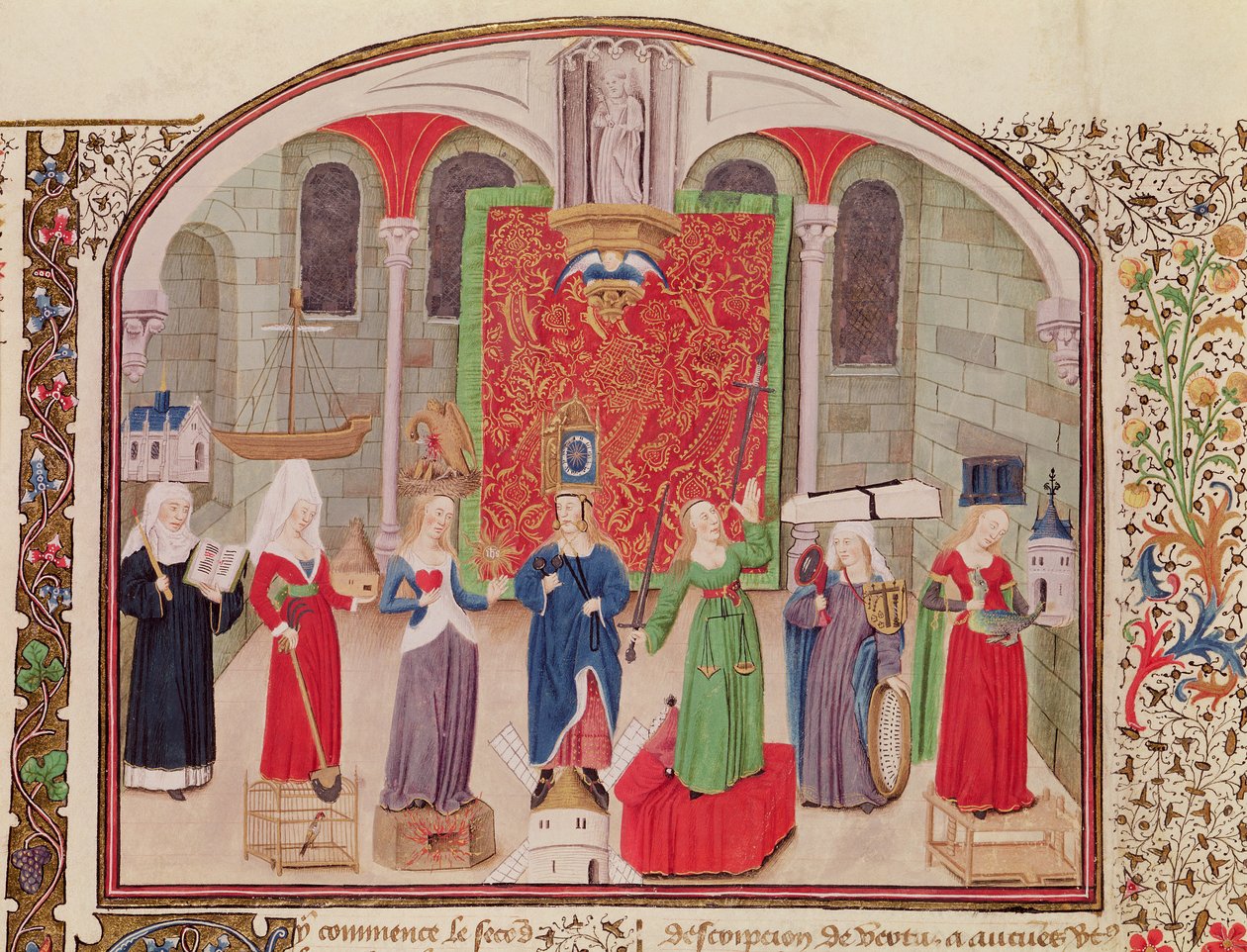 Ms 927 Fol.17v Teologiske og kardinale dyder, fra etik, politik og økonomi af Aristoteles (384-322 f.Kr.) af French School
