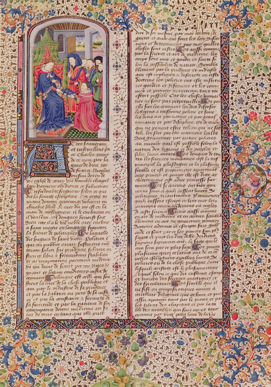 Ms 927 Fol.186 Præsentation af Politiken til Kongen, fra Etik, Politik og Økonomi af Aristoteles (384-322 f.Kr.) af French School