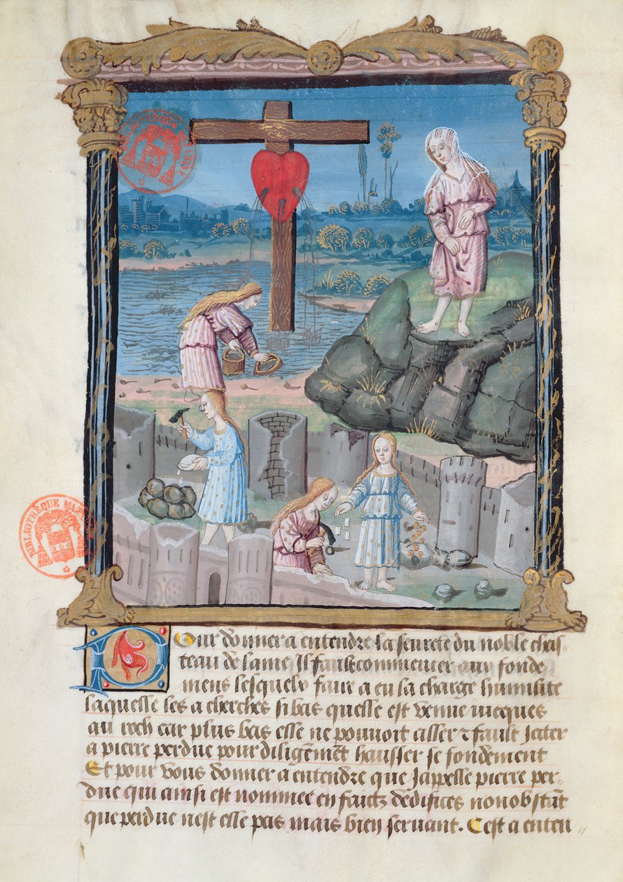 Ms 978 fol.31 Opførelsen af slottet, illustration fra en spirituel afhandling til brug for lægfolk af Gabrielle de Bourbon af French School