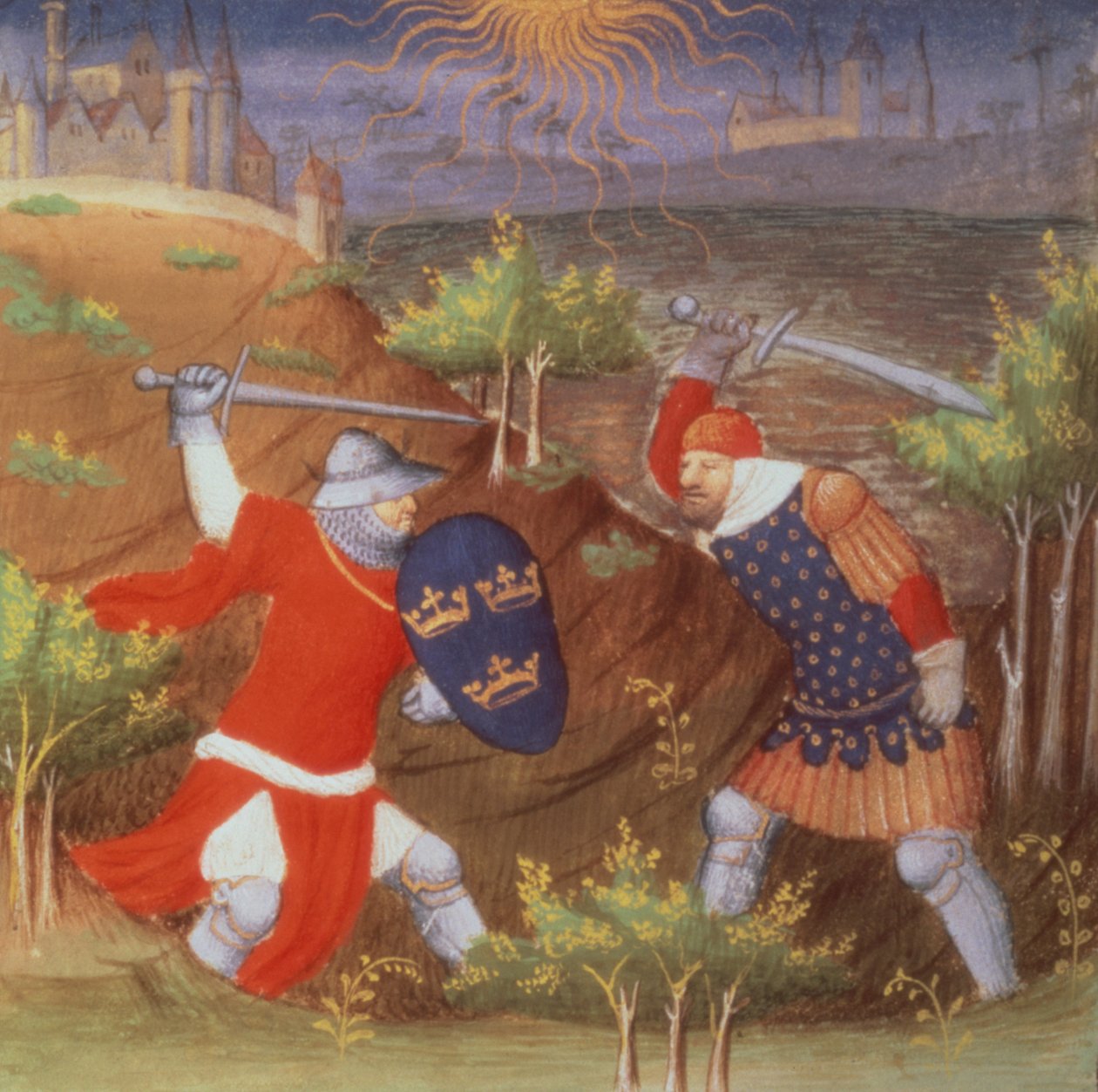 Ms Arsenal 5077 f.298 Kong Arthur kæmper mod en romersk general, fra et manuskript af Historier, af Boucicaut-mesteren af French School