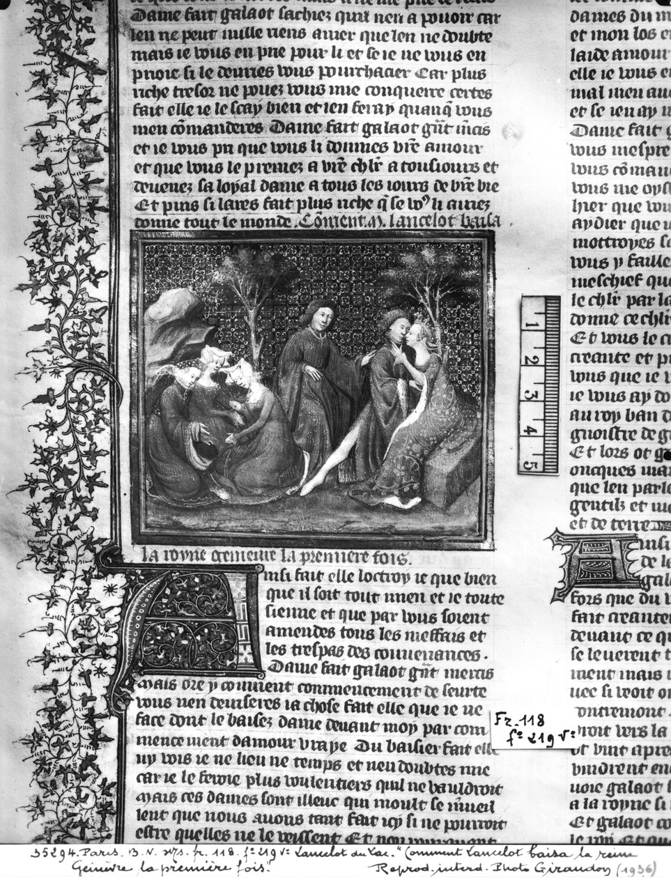 Ms Fr 118 fol.219v Hvordan Lancelot kyssede Guinevere for første gang, fra Livre de Messire Lancelot du Lac af French School