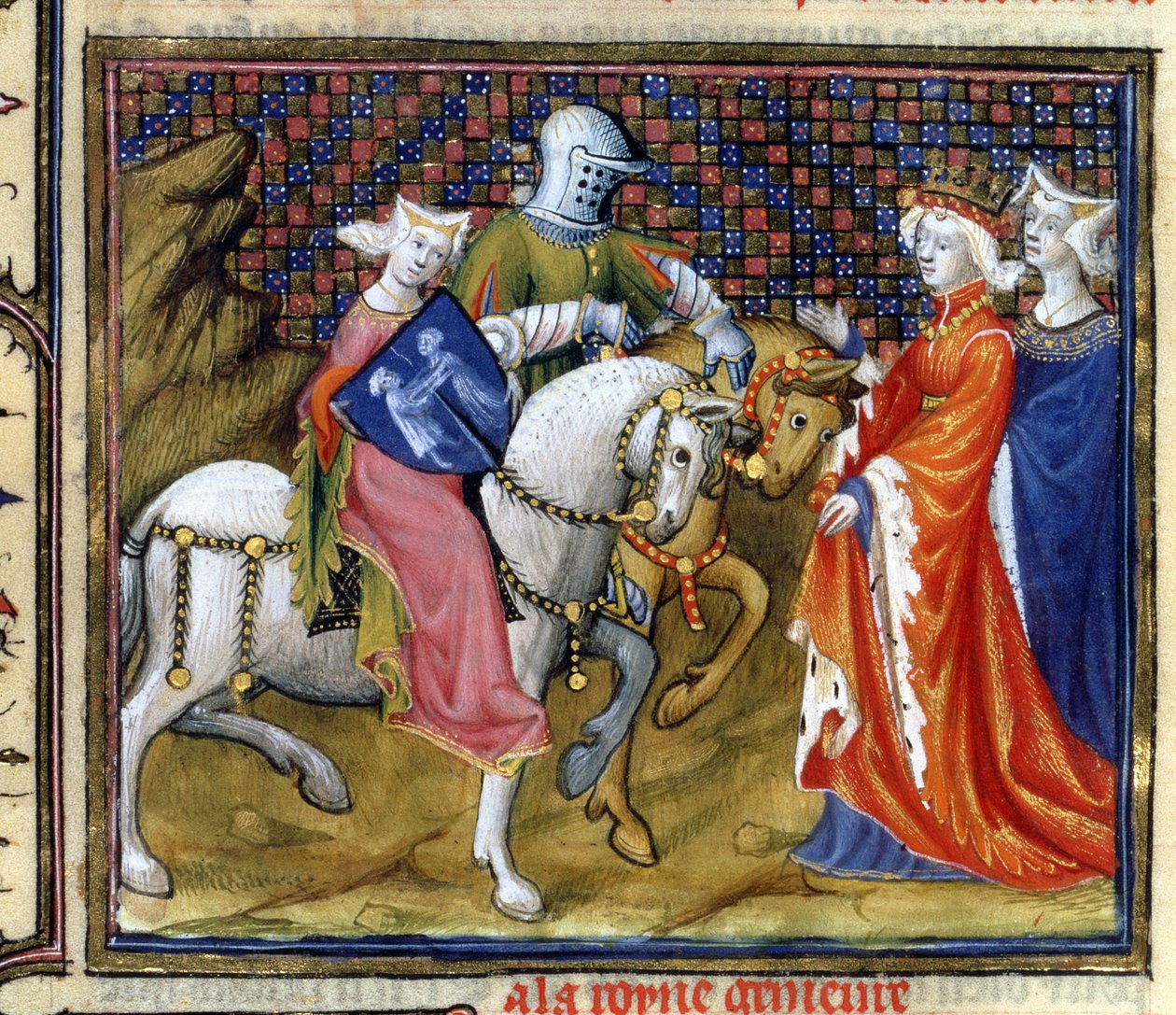 Fru Fr. 120 The Lady of the Lake Meeting Guinevere, fra The Story of Lancelot i La Quite de Saint Graal af French School