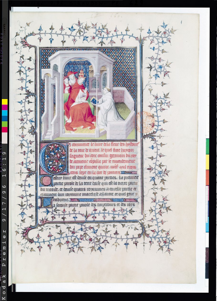 Fr 12201 Fol.1 Hayton præsenterer sit værk for pave Clemens V (ca. 1260-1320) fra Flower of Stories from the Land of the Orient af Hayton (d.1271) 1402 af French School