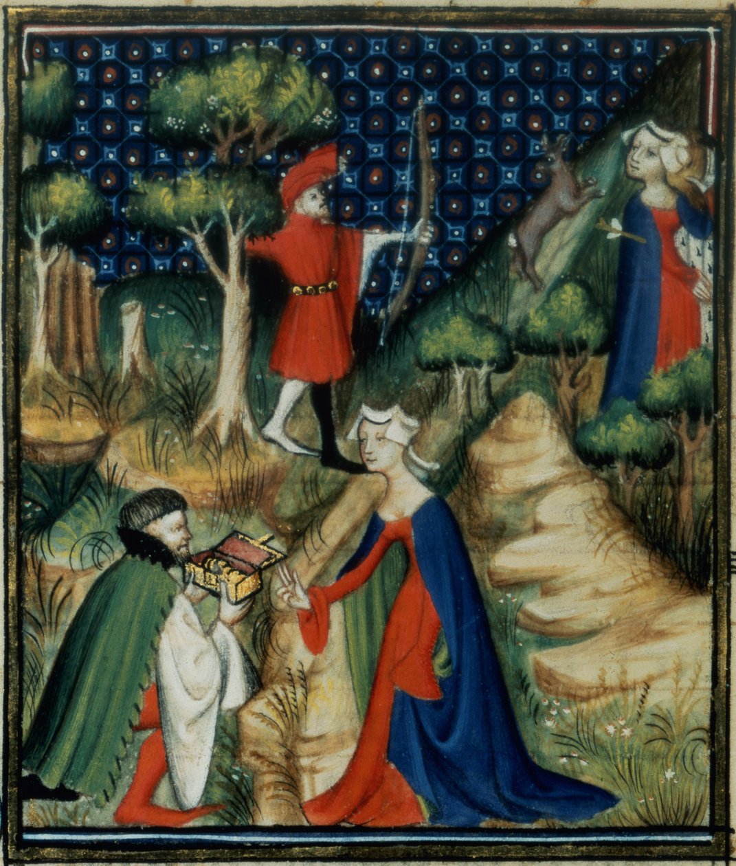 Fru Fr 12420 fol.139v. Historien om Procris, fra `De Claris Mulieribus, fra Giovanni Boccaccios værker (1313-75) af French School