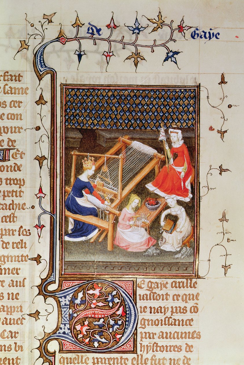 Fr 12420 fol.71 Tanaquil vævning, fra `De Claris Mulieribus, fra Giovanni Boccaccios værker, 1402 af French School