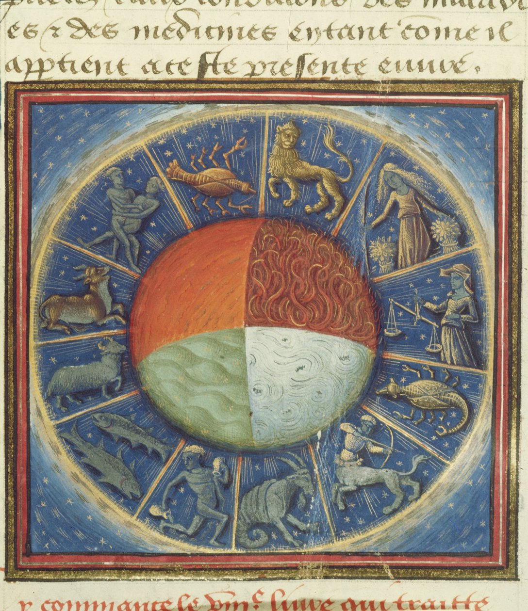 Fr 135 Fol.285 Jordens fire elementer med de tolv stjernetegn, fra Des Proprietez des Choses af Barthelemy lAnglais, 1445-50 af French School