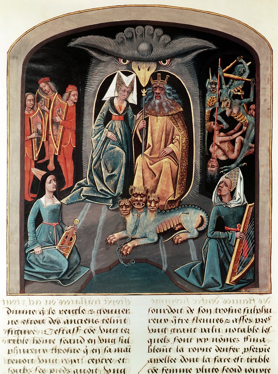 Ms Fr. 143 f.136v Hades og Persefone siddende i underverdenen på en trone i form af et ørnehoved med Kerberos foran dem (pergament) af French School