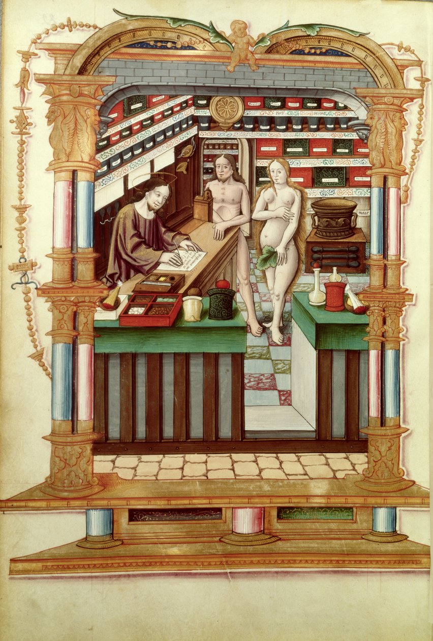 Fr 1537 Kristus apotekeren med Adam og Eva, fra Chants royaux sur la Conception Couronnee du Puy de Rouen af French School