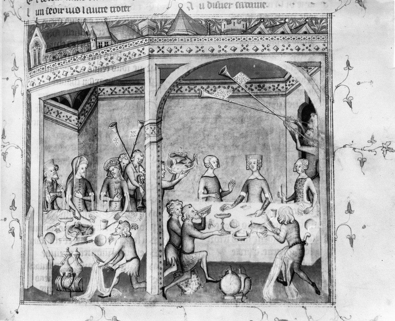 Fr 1584 Musikere underholder ved en banket, ca. 1370 (manuskript) af French School