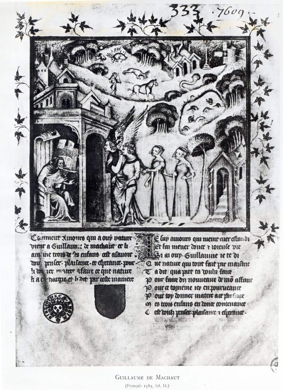 Fr. 1584 f.D. Forfatteren modtager Kærlighed, som bringer ham søde tanker, glæde og håb, ca. 1370 (manuskript) af French School