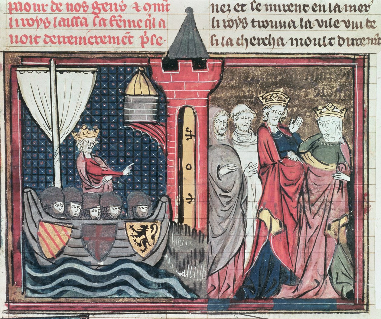 Fr 22495 Fol.101 Baldwin I krydser Jordanfloden og giver afkald på sin kone, fra Le Roman de Godefroi de Bouillon, 1337 af French School