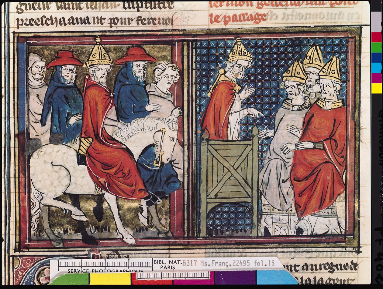 Fr 22495 Fol.15 Koncilet i Clermont og Pave Urban IIs ankomst (ca. 1035-99) i Frankrig, fra Le Roman de Godefroi de Bouillon, 1337 af French School