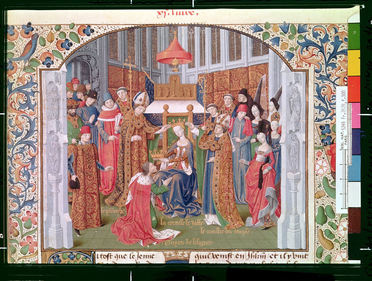 Fr 2629 fol.300 Grevinden af Jaffa (ca. 1136-88) kronede Guy af Lusignan (d. 1194) fra Histoire de la conquete de Jerusalem af Vilhelm af Tyrus (ca. 1130-85) ca. 1470 af French School
